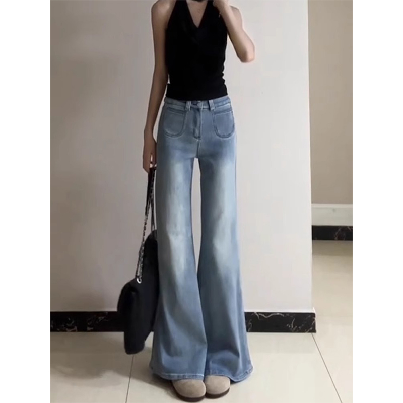 Light Blue High-Waisted Flared Jeans for Women, Slim Fit Versatile Summer Style, Double-Button Straight-Leg Pants