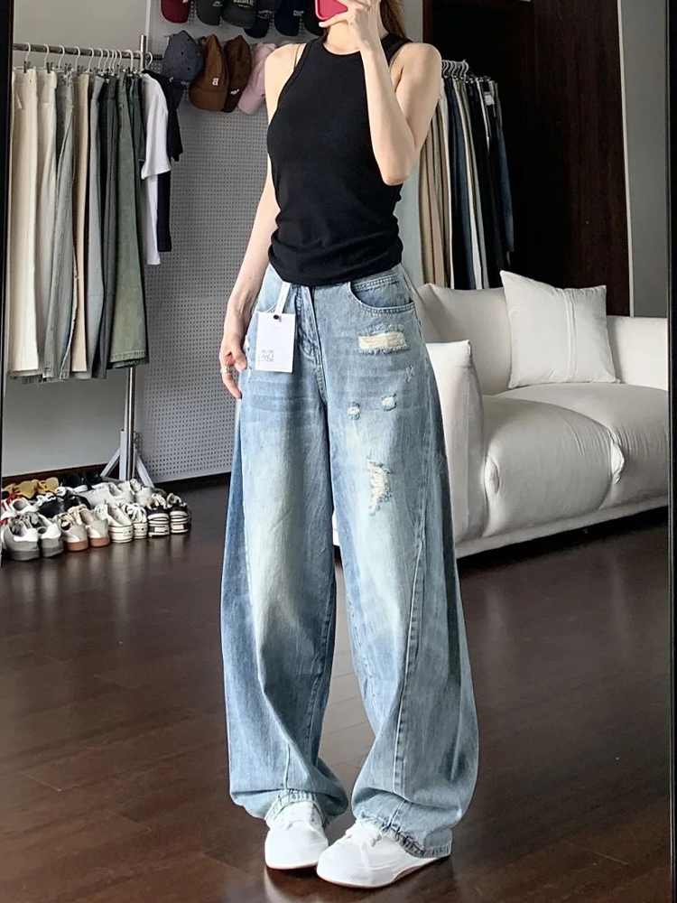 Light Blue High-Waisted Ripped Wide-Leg Jeans for Women - Summer Versatile Loose Slimming Curved Blade Style