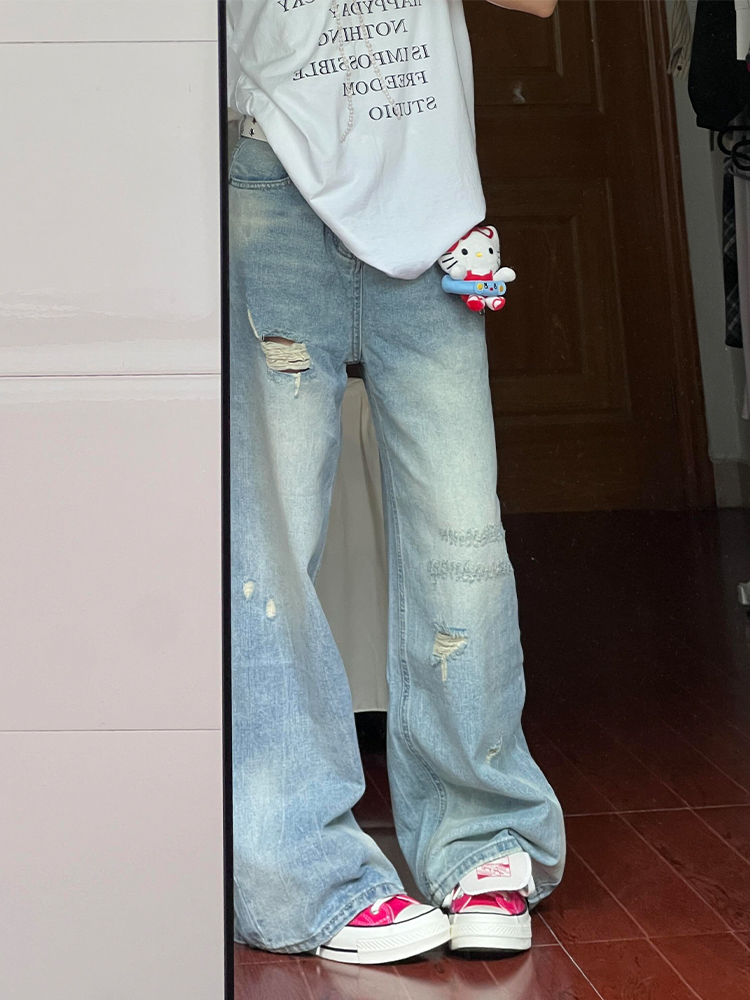 Light Blue High-Waisted Ripped Wide-Leg Jeans for Women, Summer Loose Fit Straight Pants, Trendy Casual Style