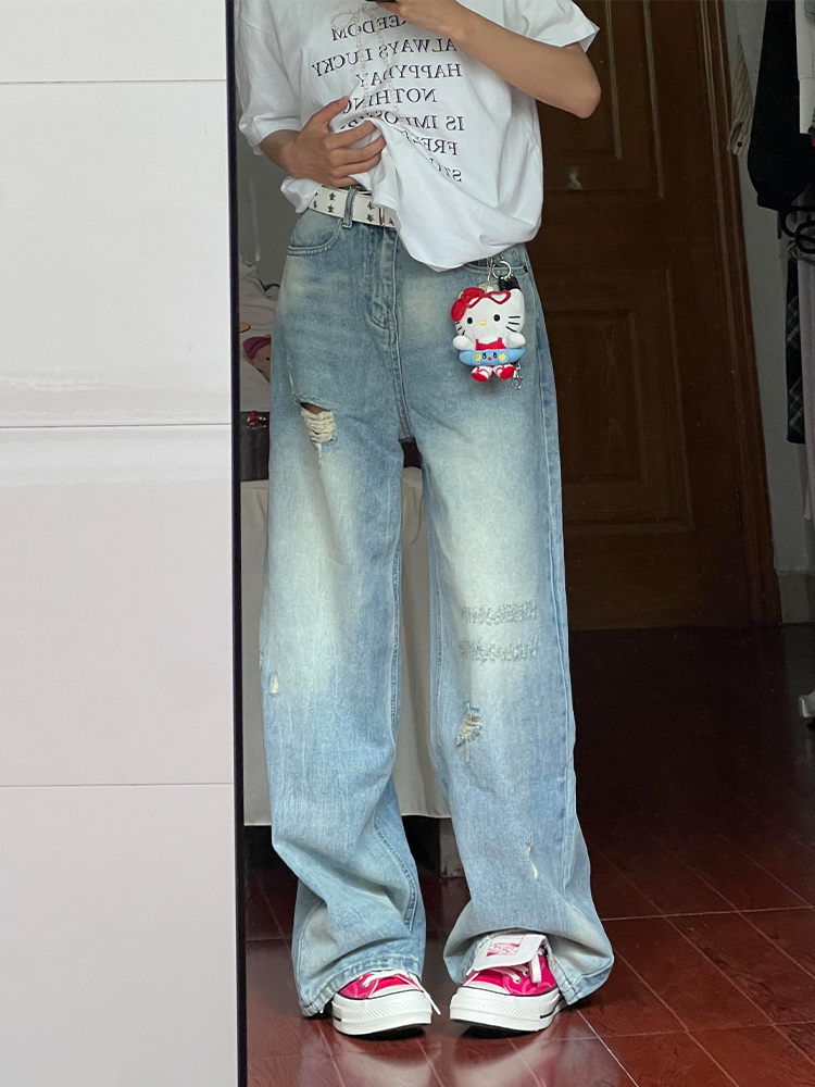 Light Blue High-Waisted Ripped Wide-Leg Jeans for Women, Summer Loose Fit Straight Pants, Trendy Casual Style Light Blue High-Waisted Ripped Wide-Leg Jeans for Women, Summer Loose Fit Straight Pants, Trendy Casual Style