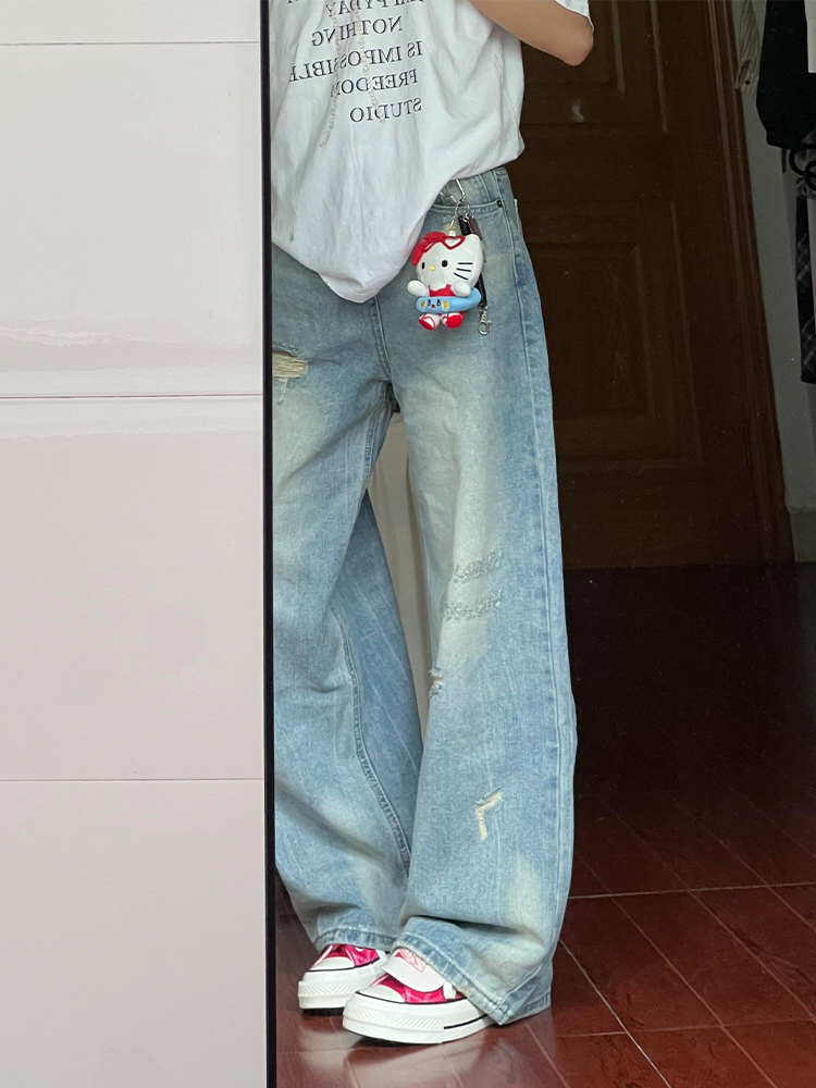 Light Blue High-Waisted Ripped Wide-Leg Jeans for Women, Summer Loose Fit Straight Pants, Trendy Casual Style