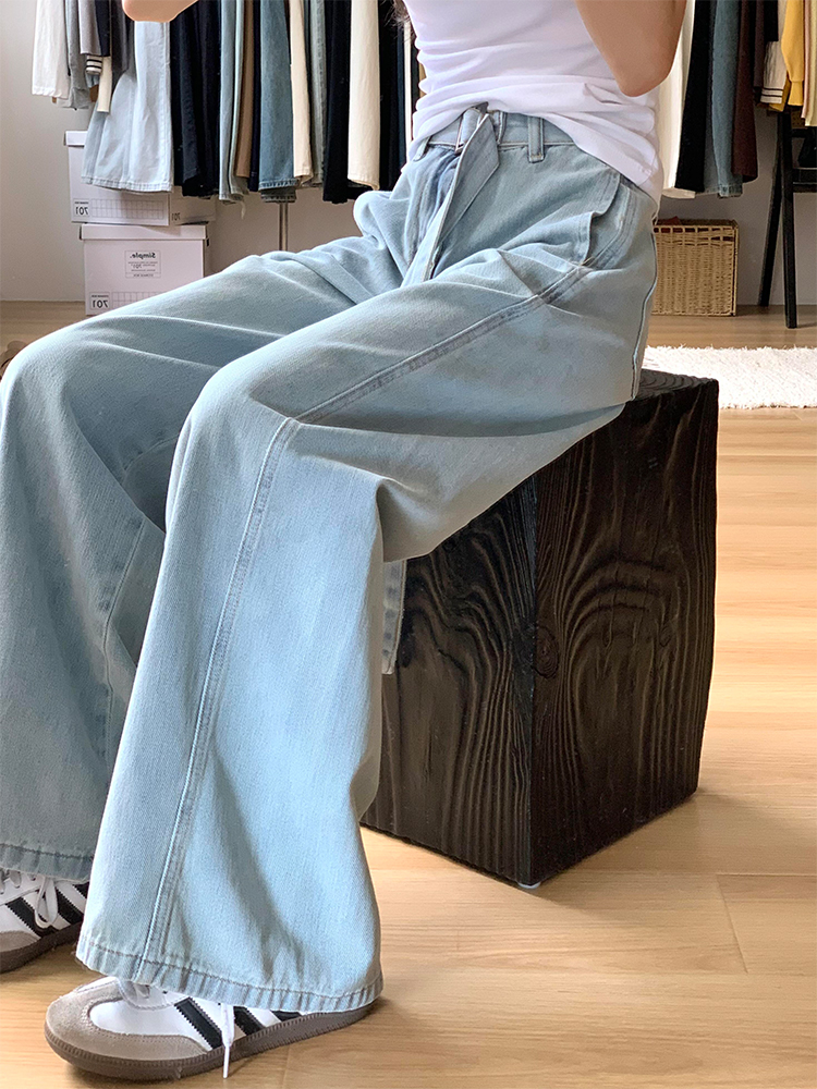 Light Blue High-Waisted Wide-Leg Denim Pants for Women, Summer Curved Knife Cut Loose Fit Trousers Light Blue High-Waisted Wide-Leg Denim Pants for Women, Summer Curved Knife Cut Loose Fit Trousers