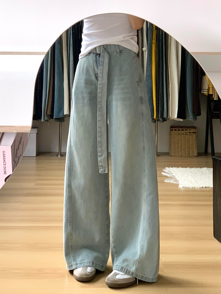 Light Blue High-Waisted Wide-Leg Denim Pants for Women, Summer Curved Knife Cut Loose Fit Trousers