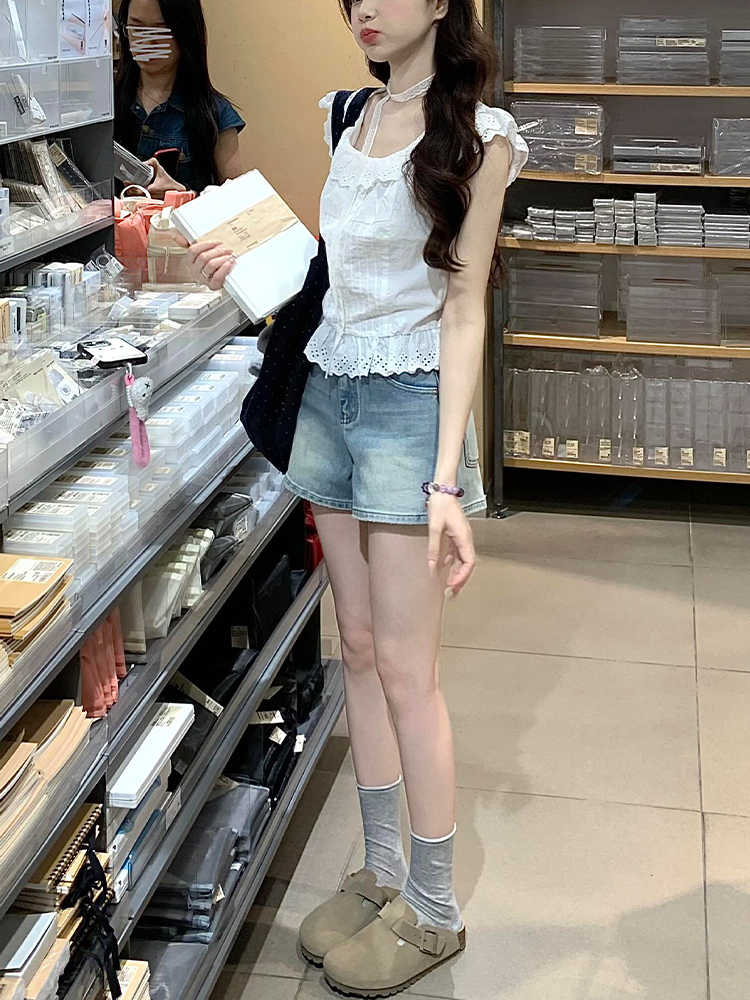 Light Blue High-Waisted Wide-Leg Denim Shorts for Women, Summer Style, Washed Loose Fit, Slimming Versatile Hot Pants