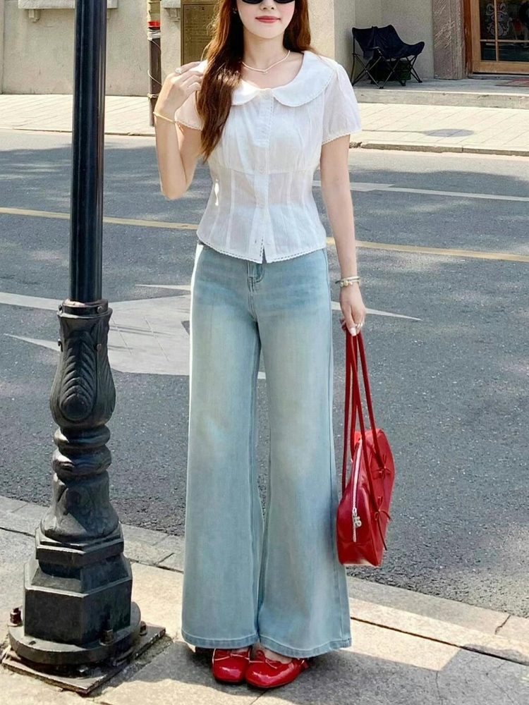 Light Blue High-Waisted Wide-Leg Flared Jeans for Women - Summer Slim Fit Non-Skinny Straight Pants, Trendy Casual Style Light Blue High-Waisted Wide-Leg Flared Jeans for Women - Summer Slim Fit Non-Skinny Straight Pants, Trendy Casual Style