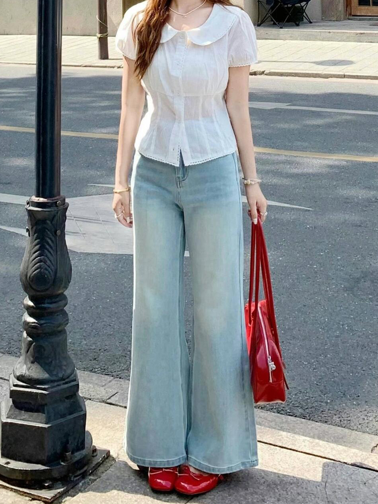 Light Blue High-Waisted Wide-Leg Flared Jeans for Women - Summer Slim Fit Non-Skinny Straight Pants, Trendy Casual Style