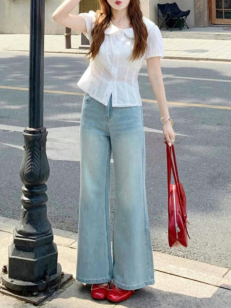 Light Blue High-Waisted Wide-Leg Flared Jeans for Women - Summer Slim Fit Non-Skinny Straight Pants, Trendy Casual Style Light Blue High-Waisted Wide-Leg Flared Jeans for Women - Summer Slim Fit Non-Skinny Straight Pants, Trendy Casual Style