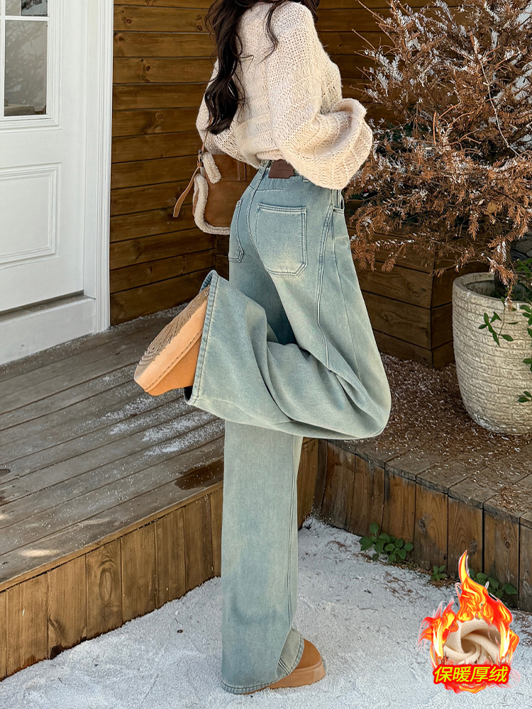 Light Blue High-Waisted Wide-Leg Jeans for Women - American Style Loose Fleece-Lined Straight-Leg Floor-Length Pants, Autumn/Winter 2025