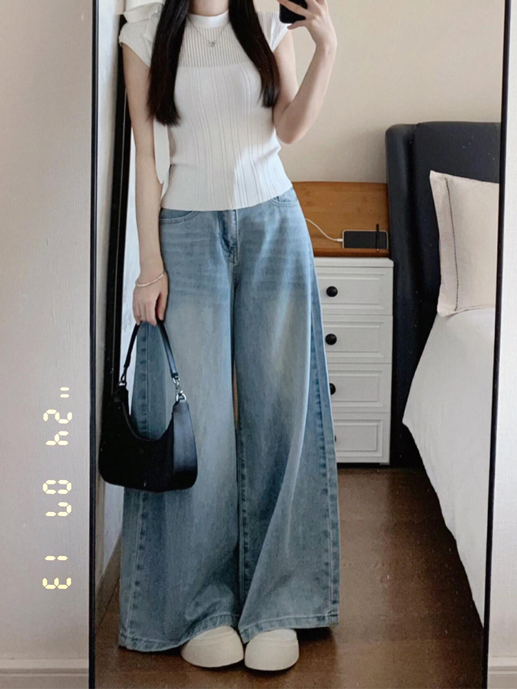 Light Blue High-Waisted Wide-Leg Jeans for Women - Vintage Loose Straight Pants for Summer, Leg-Elongating Style