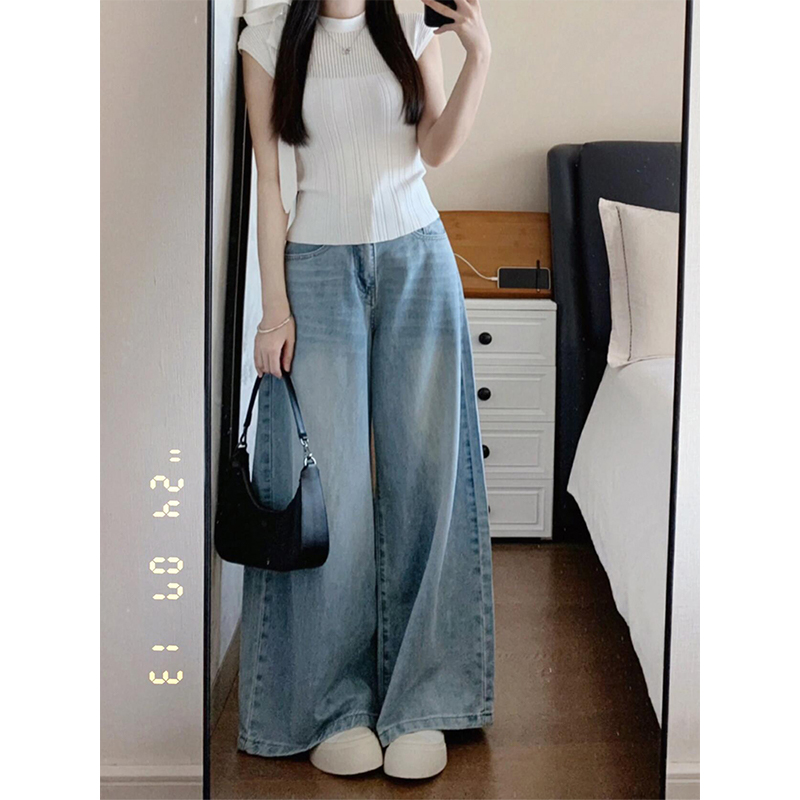 Light Blue High-Waisted Wide-Leg Jeans for Women - Vintage Loose Straight Pants for Summer, Leg-Elongating Style