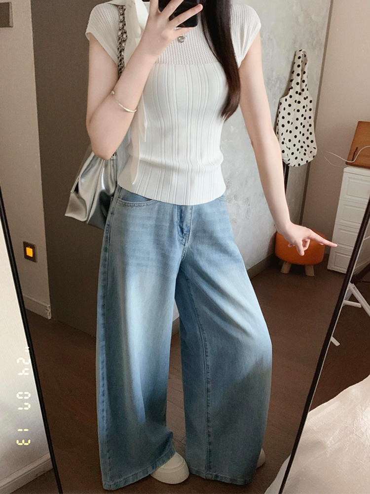 Light Blue High-Waisted Wide-Leg Jeans for Women - Vintage Loose Straight Pants for Summer, Leg-Elongating Style Light Blue High-Waisted Wide-Leg Jeans for Women - Vintage Loose Straight Pants for Summer, Leg-Elongating Style