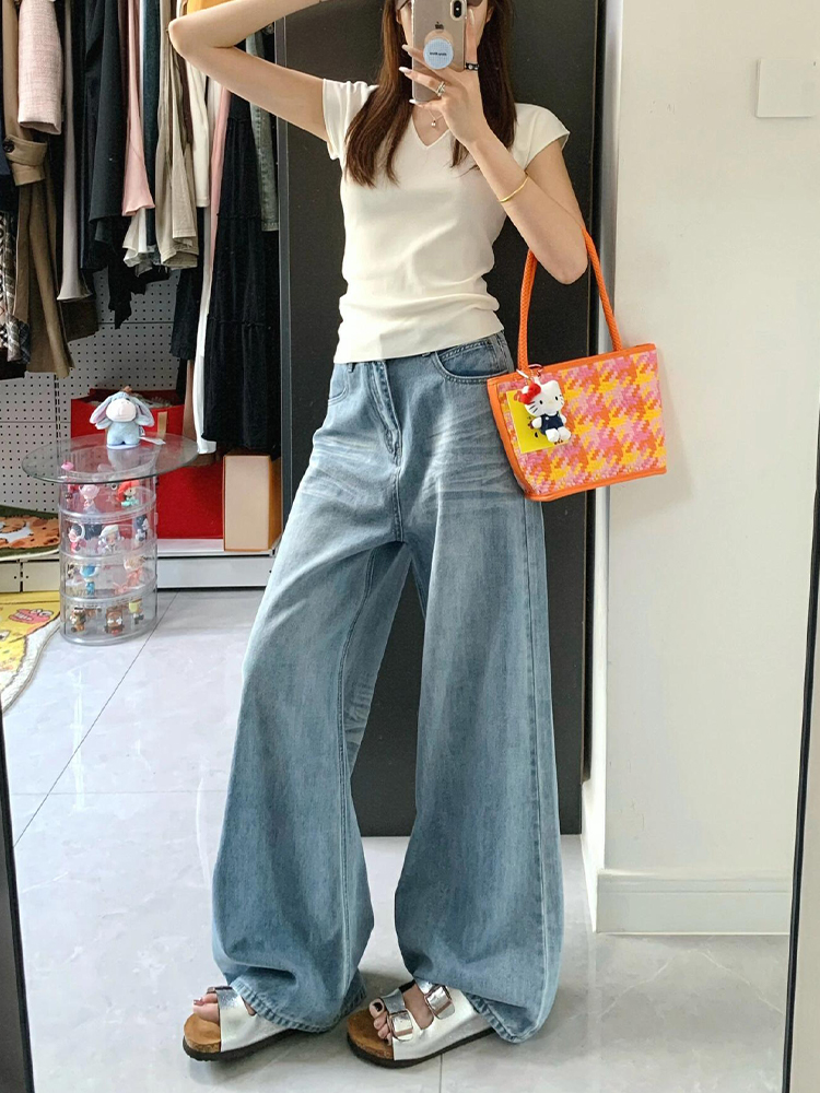 Light Blue High-Waisted Wide-Leg Jeans for Women, Loose Fit Summer Style, Flattering Straight-Leg Floor-Length Pants
