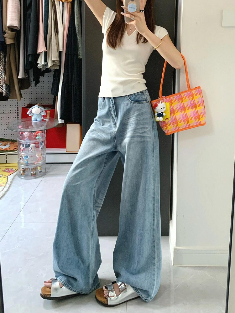 Light Blue High-Waisted Wide-Leg Jeans for Women, Loose Fit Summer Style, Flattering Straight-Leg Floor-Length Pants