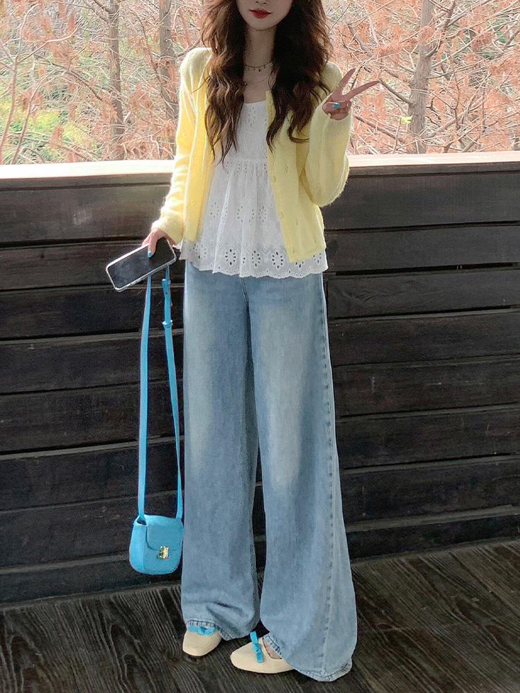 Light Blue High-Waisted Wide-Leg Jeans for Women, Retro Summer Style, Loose Fit Straight-Leg, Slimming Floor-Length Pants