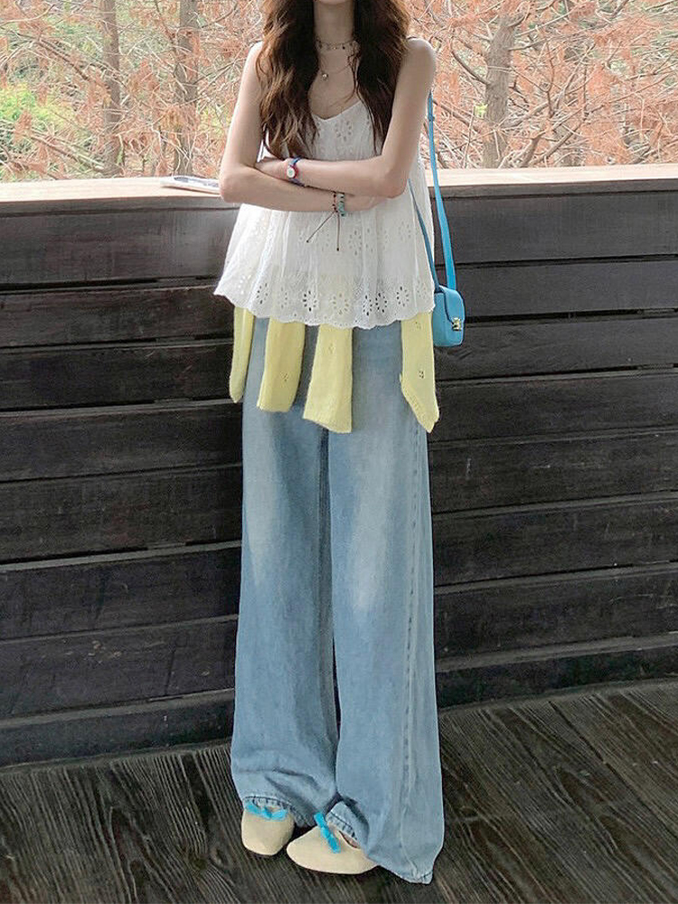 Light Blue High-Waisted Wide-Leg Jeans for Women, Retro Summer Style, Loose Fit Straight-Leg, Slimming Floor-Length Pants Light Blue High-Waisted Wide-Leg Jeans for Women, Retro Summer Style, Loose Fit Straight-Leg, Slimming Floor-Length Pants