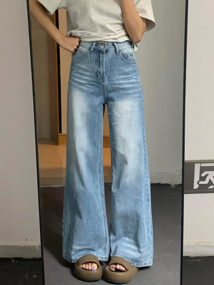 Light Blue High-Waisted Wide-Leg Jeans for Women, Summer Style, Washed Loose Fit, Slimming Versatile Straight-Leg Long Pants