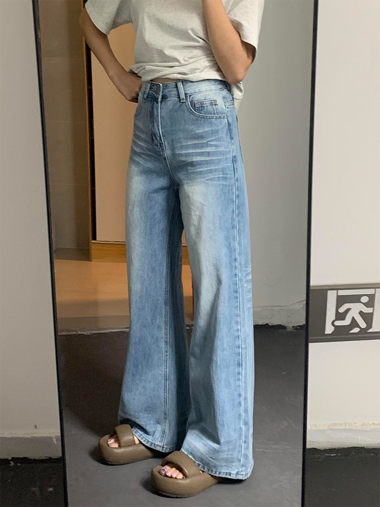 Light Blue High-Waisted Wide-Leg Jeans for Women, Summer Style, Washed Loose Fit, Slimming Versatile Straight-Leg Long Pants