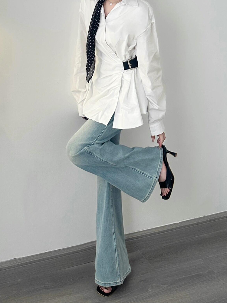 Light Blue Low-Waist Flared Jeans for Women - Summer Slim Wide-Leg Floor-Length Pants Light Blue Low-Waist Flared Jeans for Women - Summer Slim Wide-Leg Floor-Length Pants