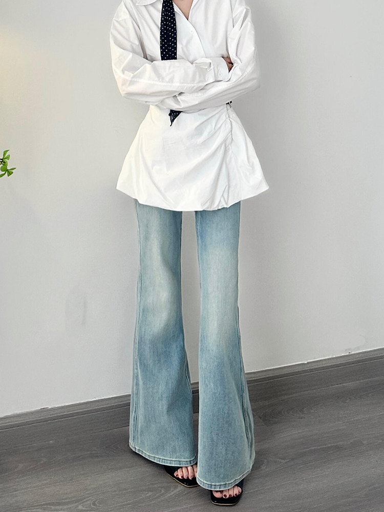 Light Blue Low-Waist Flared Jeans for Women - Summer Slim Wide-Leg Floor-Length Pants