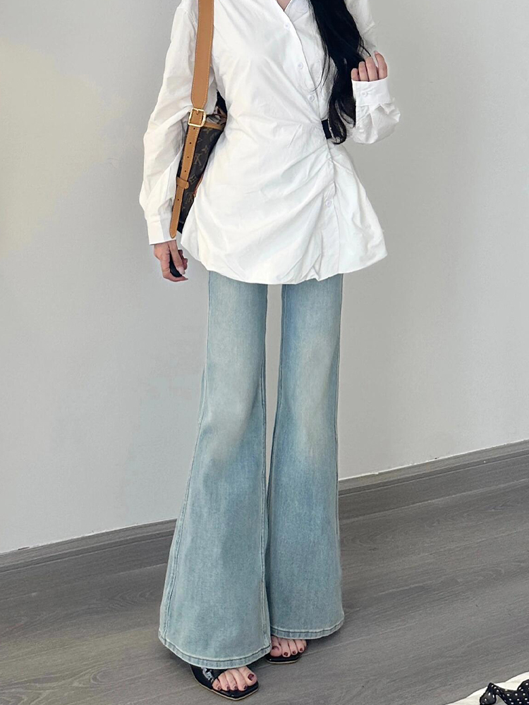 Light Blue Low-Waist Flared Jeans for Women - Summer Slim Wide-Leg Floor-Length Pants