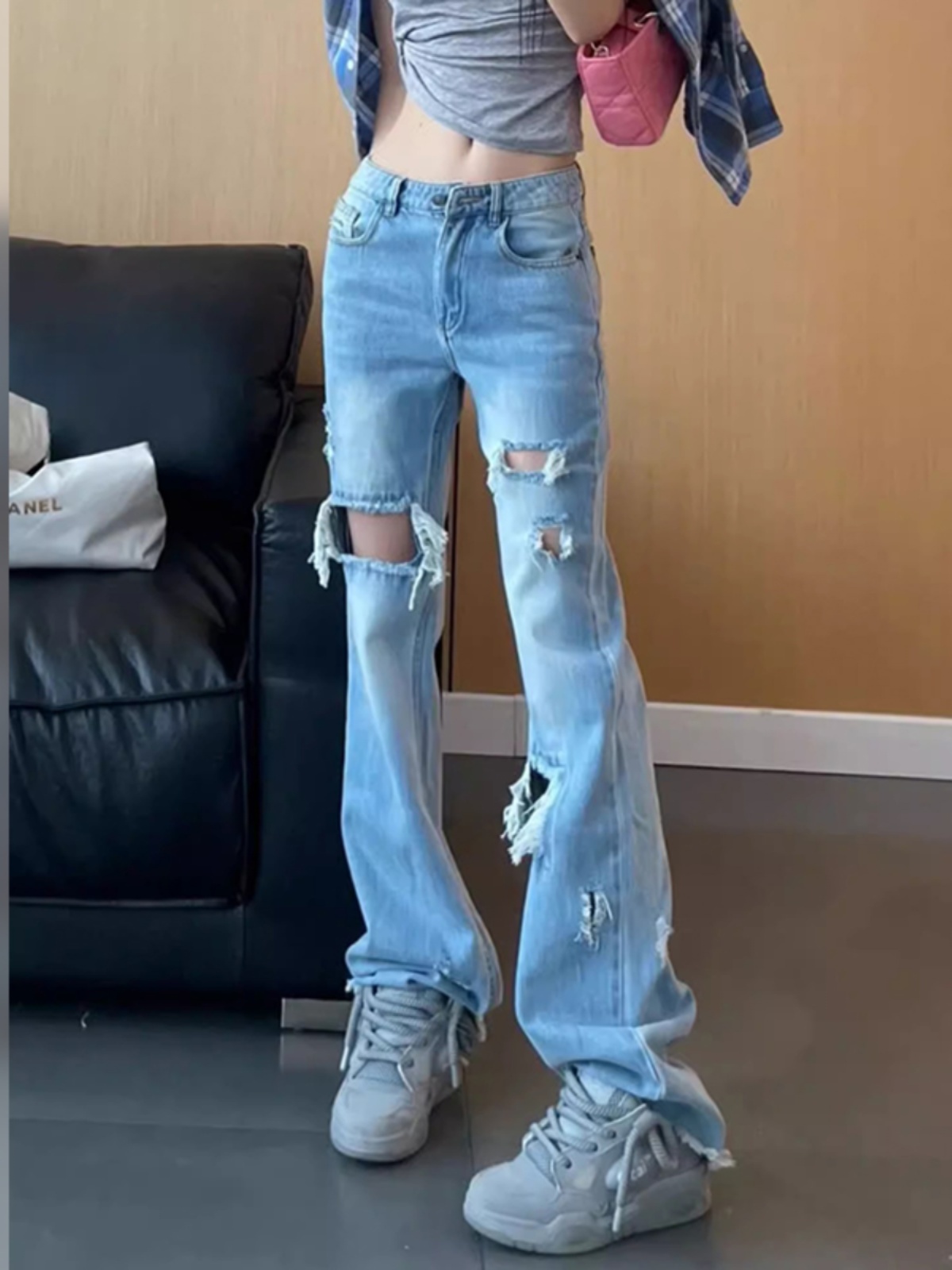 Light Blue Petite Ripped Wide-Leg Jeans for Women, Summer Straight Slim Fit, Flattering for Pear-Shaped Figures, 2025 Trend