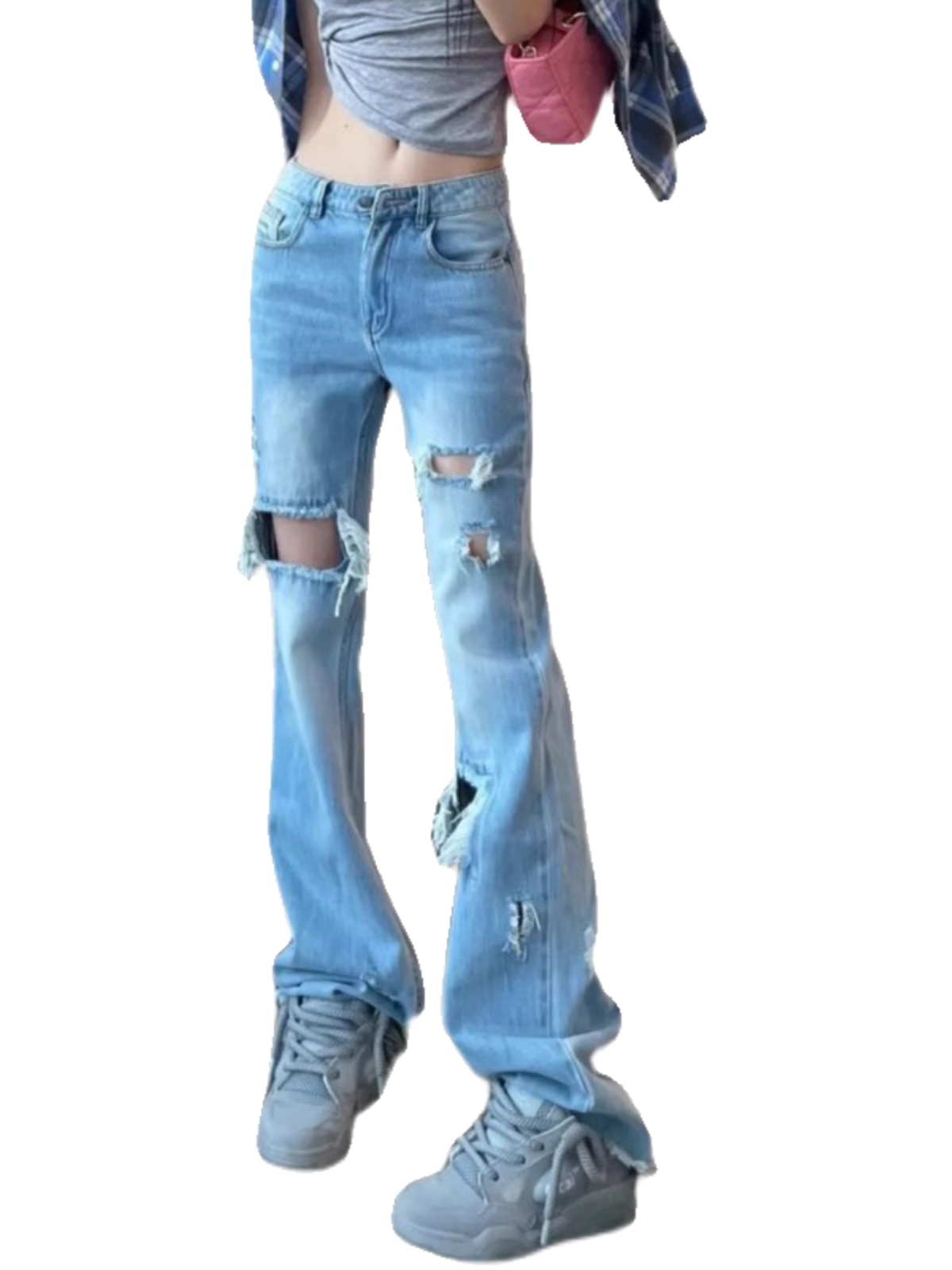 Light Blue Petite Ripped Wide-Leg Jeans for Women, Summer Straight Slim Fit, Flattering for Pear-Shaped Figures, 2025 Trend Light Blue Petite Ripped Wide-Leg Jeans for Women, Summer Straight Slim Fit, Flattering for Pear-Shaped Figures, 2025 Trend