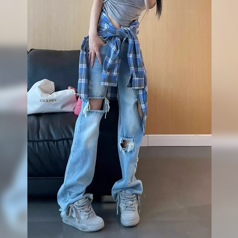 Light Blue Petite Ripped Wide-Leg Jeans for Women, Summer Straight Slim Fit, Flattering for Pear-Shaped Figures, 2025 Trend