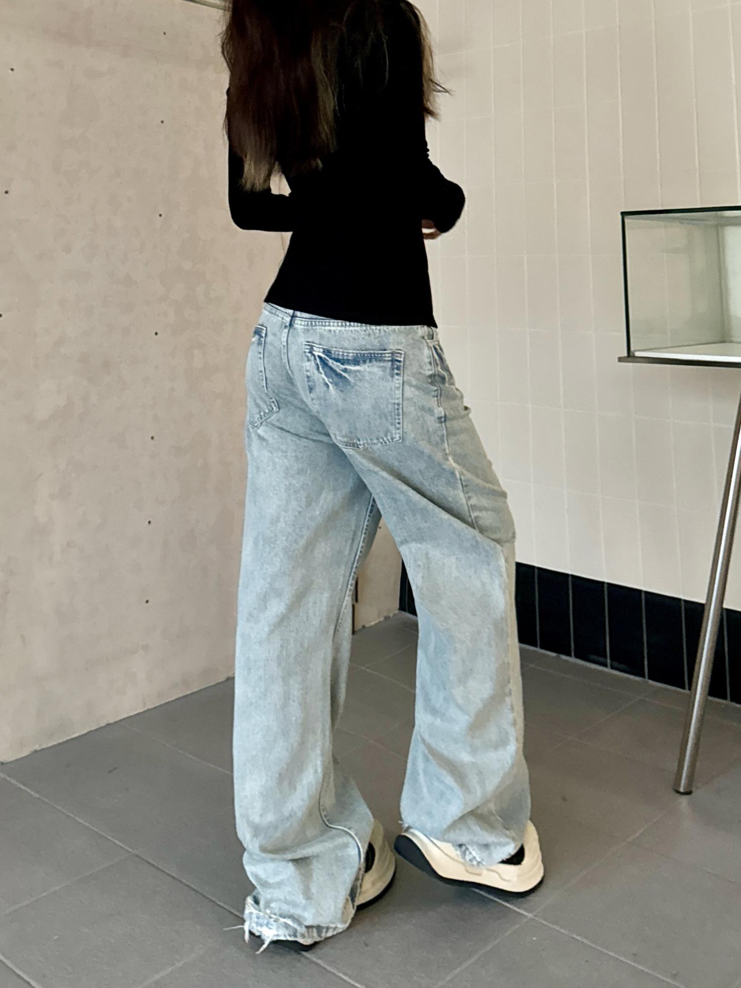 Light Blue Ripped Straight-Leg Jeans with Tie-Up Wide-Leg, Retro American Style, Slimming Floor-Length Trendy Pants Light Blue Ripped Straight-Leg Jeans with Tie-Up Wide-Leg, Retro American Style, Slimming Floor-Length Trendy Pants