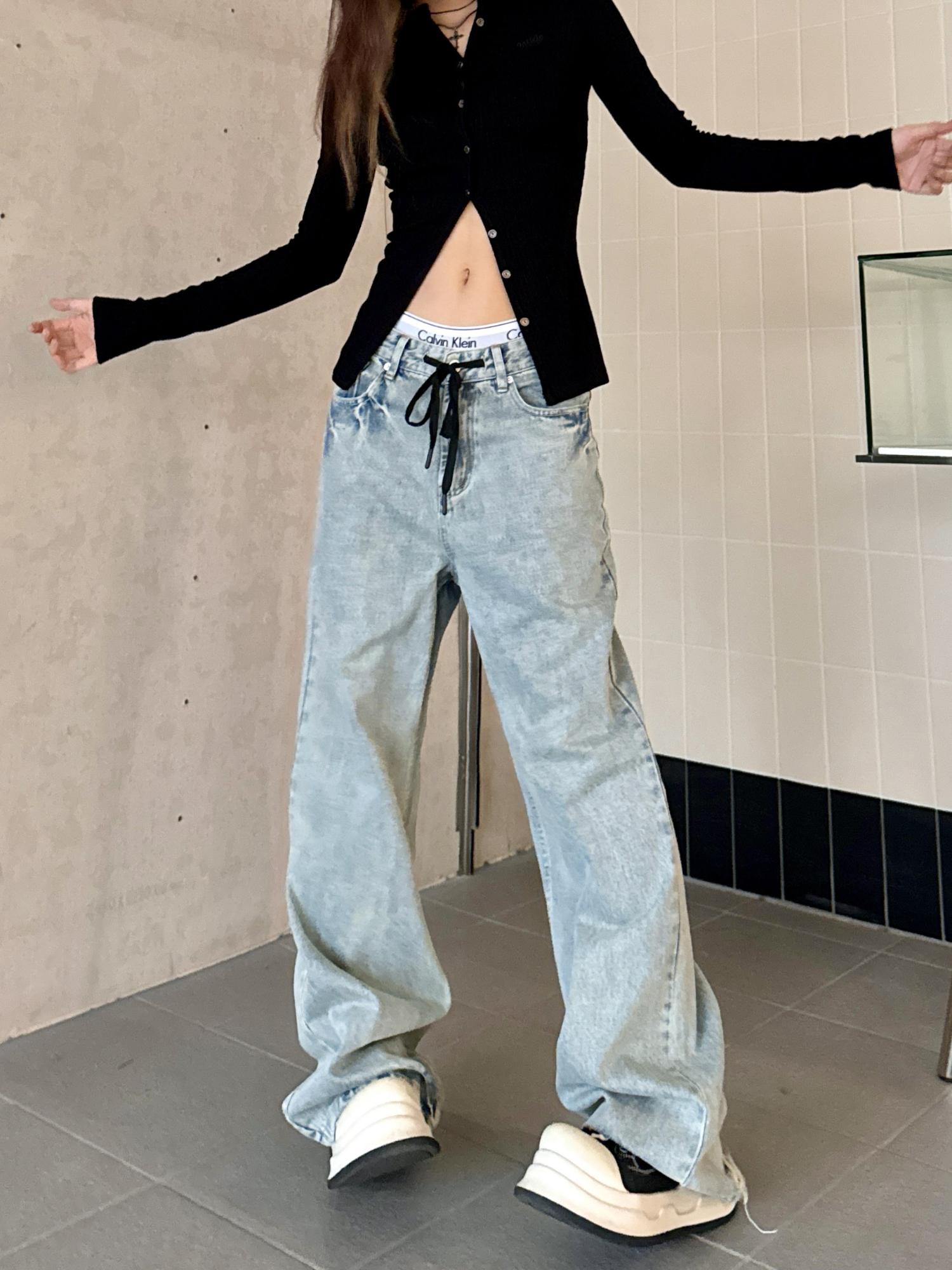 Light Blue Ripped Straight-Leg Jeans with Tie-Up Wide-Leg, Retro American Style, Slimming Floor-Length Trendy Pants Light Blue Ripped Straight-Leg Jeans with Tie-Up Wide-Leg, Retro American Style, Slimming Floor-Length Trendy Pants