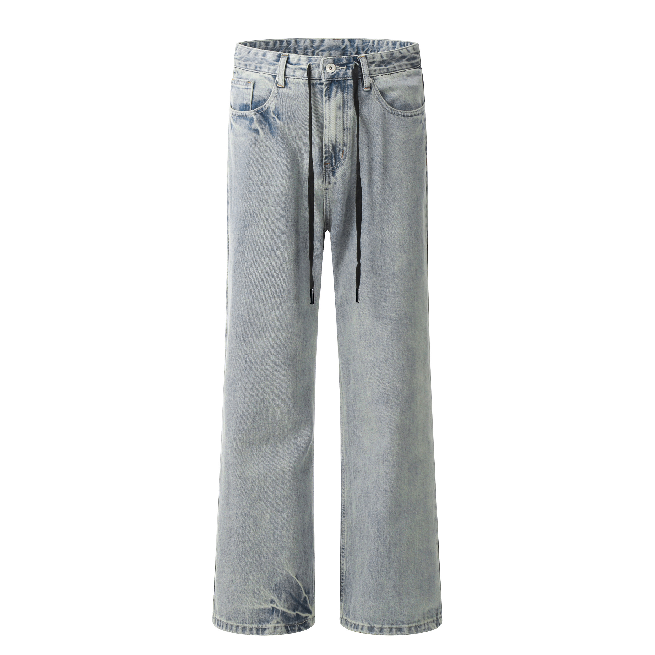 Light Blue Ripped Straight-Leg Jeans with Tie-Up Wide-Leg, Retro American Style, Slimming Floor-Length Trendy Pants