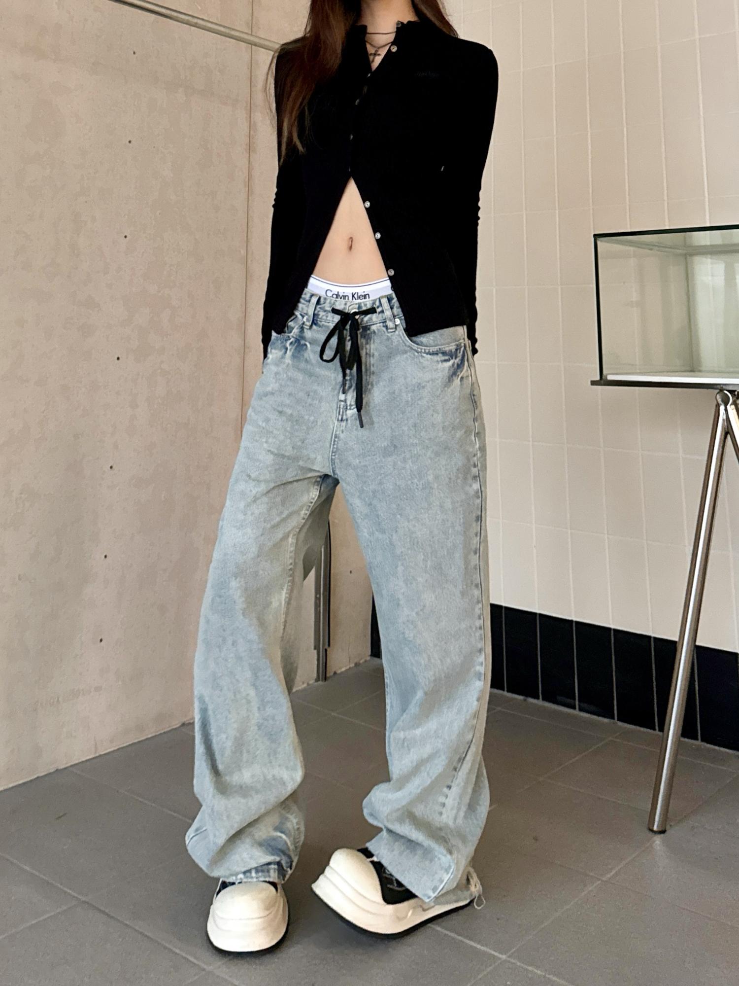 Light Blue Ripped Straight-Leg Jeans with Tie-Up Wide-Leg, Retro American Style, Slimming Floor-Length Trendy Pants