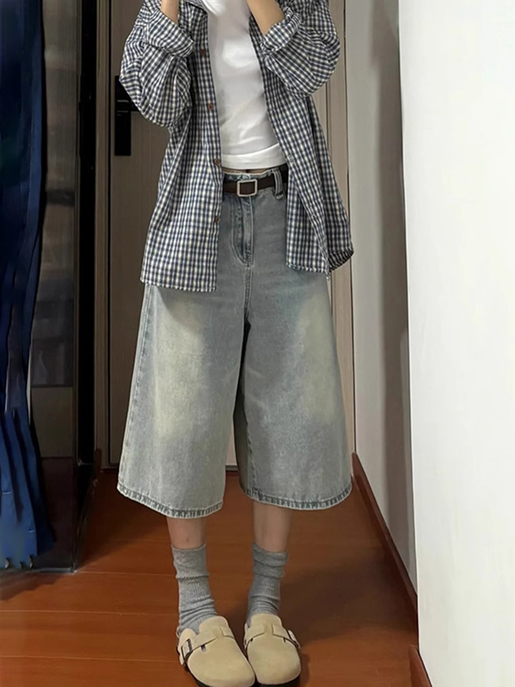 Light Blue Wide-Leg Cropped Jeans for Women, High-Waisted Loose Fit, Summer Style, Flattering Versatile Straight-Leg Pants