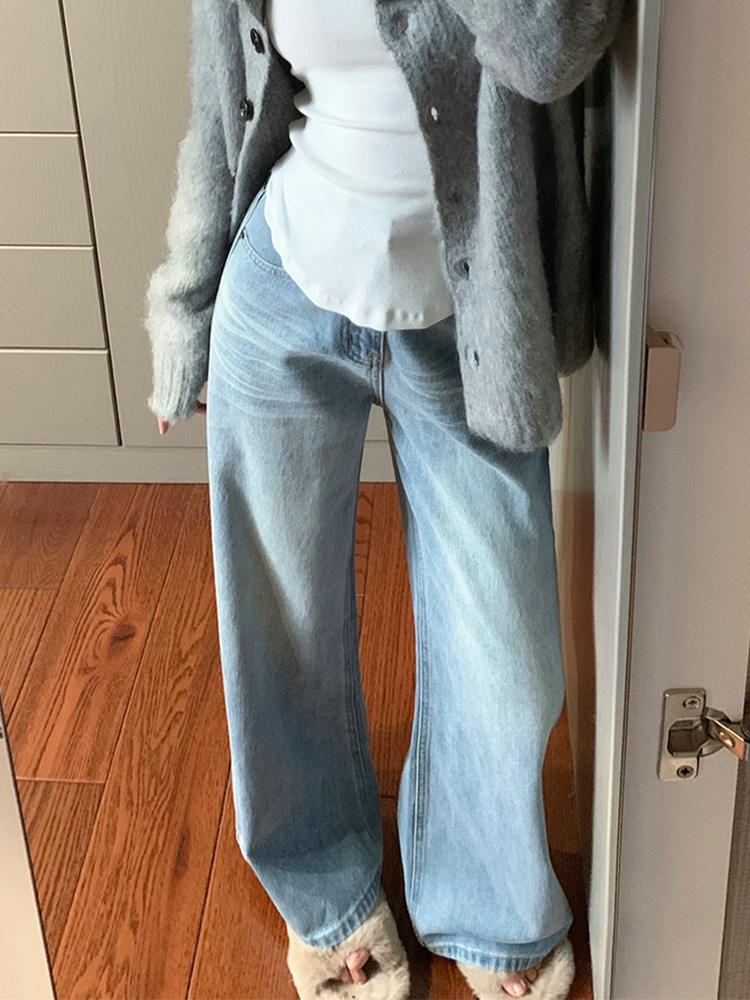 Light Blue Wide-Leg Denim Pants for Summer, Vintage Washed High-Waisted Loose-Fitting Straight-Leg Trousers, Versatile Y2K Style