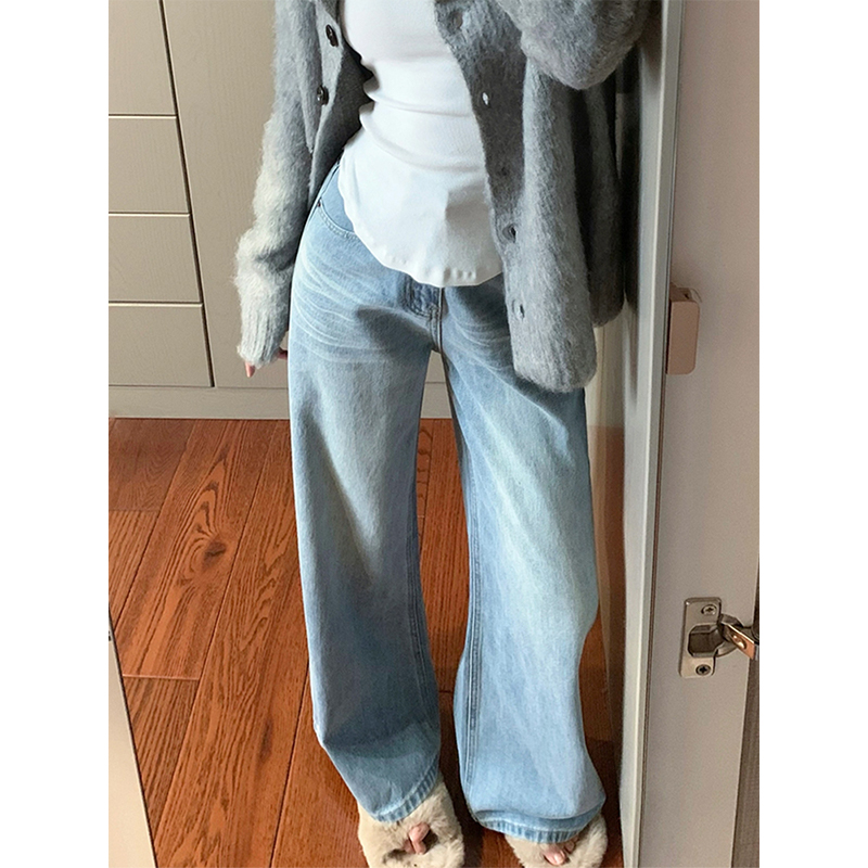 Light Blue Wide-Leg Denim Pants for Summer, Vintage Washed High-Waisted Loose-Fitting Straight-Leg Trousers, Versatile Y2K Style