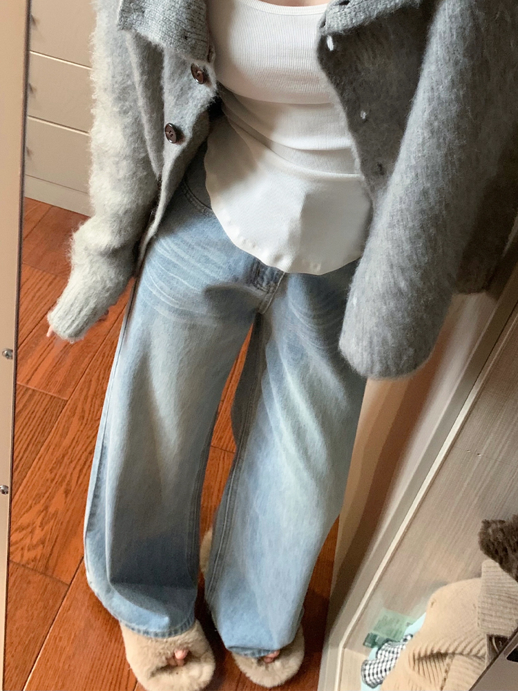 Light Blue Wide-Leg Denim Pants for Summer, Vintage Washed High-Waisted Loose-Fitting Straight-Leg Trousers, Versatile Y2K Style Light Blue Wide-Leg Denim Pants for Summer, Vintage Washed High-Waisted Loose-Fitting Straight-Leg Trousers, Versatile Y2K Style