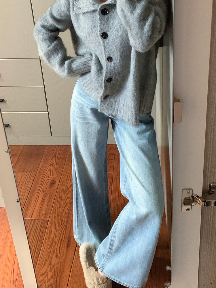 Light Blue Wide-Leg Denim Pants for Summer, Vintage Washed High-Waisted Loose-Fitting Straight-Leg Trousers, Versatile Y2K Style Light Blue Wide-Leg Denim Pants for Summer, Vintage Washed High-Waisted Loose-Fitting Straight-Leg Trousers, Versatile Y2K Style