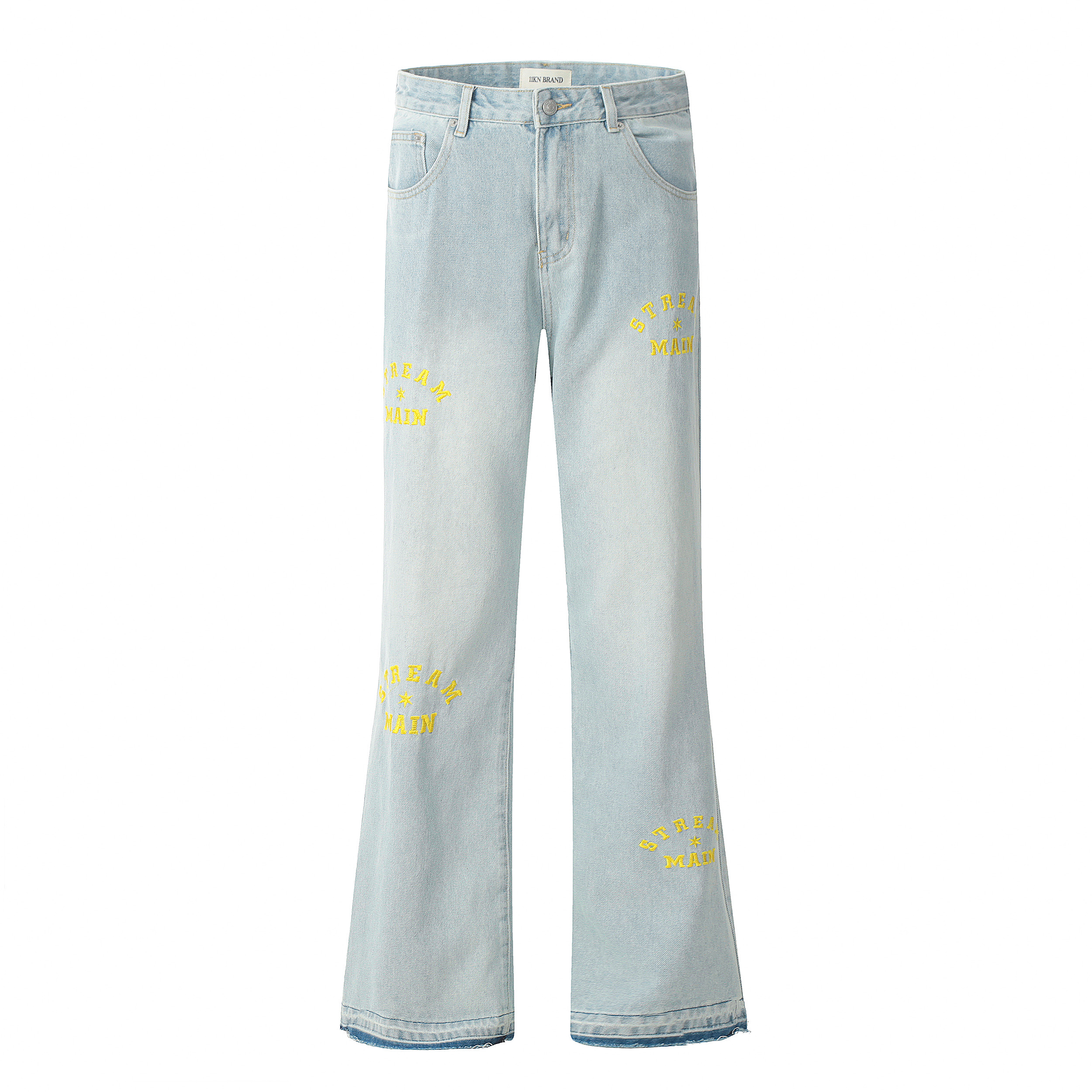 Light Blue Wide-Leg Denim Pants with Retro Letter Embroidery - Slim Fit, Floor-Length, Vintage American Style
