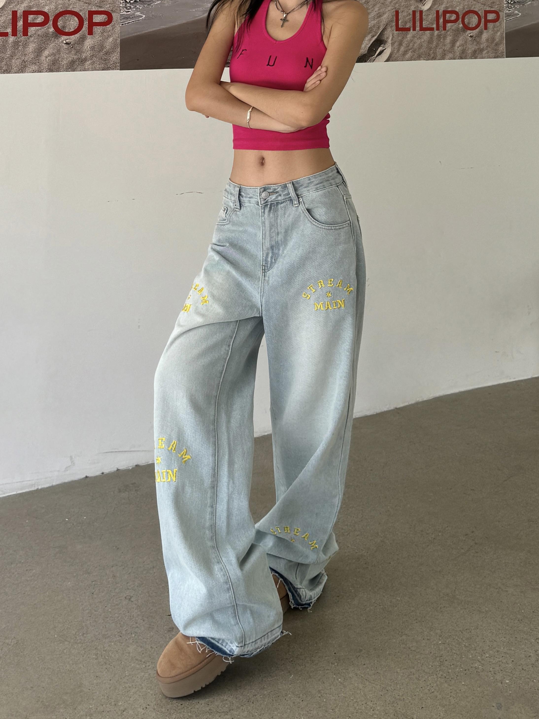 Light Blue Wide-Leg Denim Pants with Retro Letter Embroidery - Slim Fit, Floor-Length, Vintage American Style