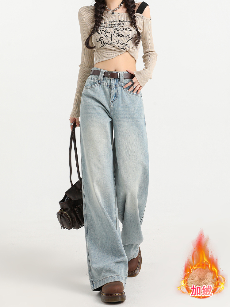 Light Blue Wide-Leg Jeans for Women - High-Waisted, Plush, Slim-Fit, Loose Draped Floor-Length for Autumn Winter 2025 Light Blue Wide-Leg Jeans for Women - High-Waisted, Plush, Slim-Fit, Loose Draped Floor-Length for Autumn Winter 2025