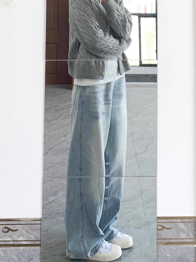 Light Blue Wide-Leg Jeans for Women, Water-Washed Summer Style, Loose Straight-Leg Floor-Length Pants, American Street Fashion