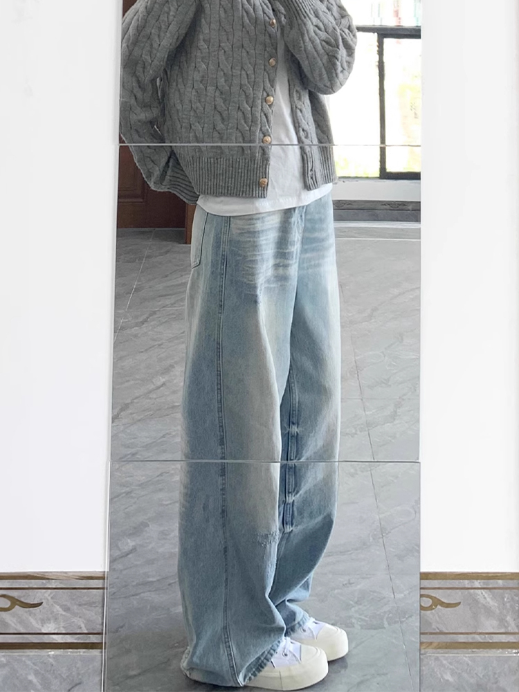 Light Blue Wide-Leg Jeans for Women, Water-Washed Summer Style, Loose Straight-Leg Floor-Length Pants, American Street Fashion