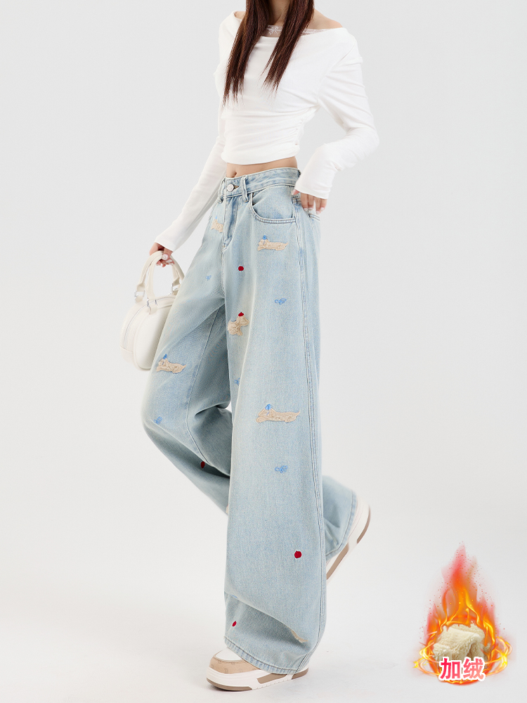 Light-Colored Embroidered Wide-Leg Denim Pants for Women - 2025 Autumn/Winter Plush Loose Straight Floor-Length Style