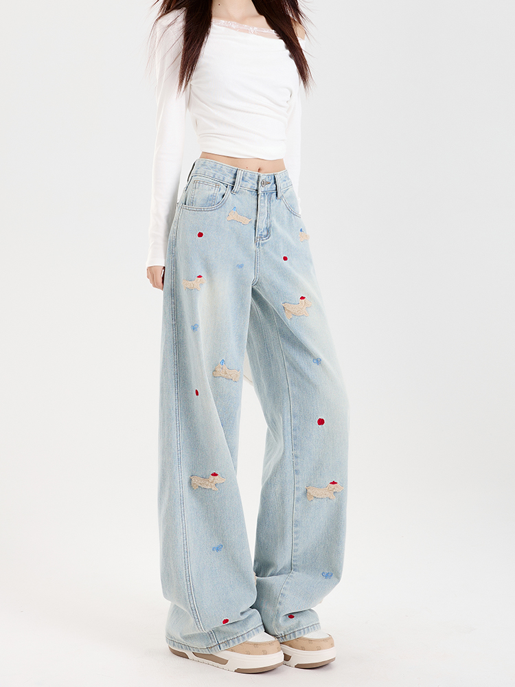 Light-Colored Embroidered Wide-Leg Denim Pants for Women - 2025 Autumn/Winter Plush Loose Straight Floor-Length Style Light-Colored Embroidered Wide-Leg Denim Pants for Women - 2025 Autumn/Winter Plush Loose Straight Floor-Length Style