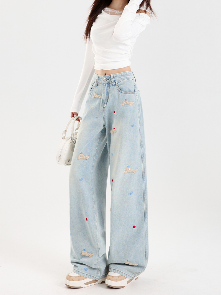 Light-Colored Embroidered Wide-Leg Denim Pants for Women - 2025 Autumn/Winter Plush Loose Straight Floor-Length Style Light-Colored Embroidered Wide-Leg Denim Pants for Women - 2025 Autumn/Winter Plush Loose Straight Floor-Length Style