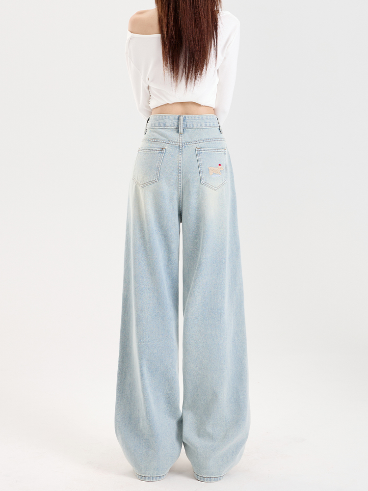 Light-Colored Embroidered Wide-Leg Denim Pants for Women - 2025 Autumn/Winter Plush Loose Straight Floor-Length Style Light-Colored Embroidered Wide-Leg Denim Pants for Women - 2025 Autumn/Winter Plush Loose Straight Floor-Length Style