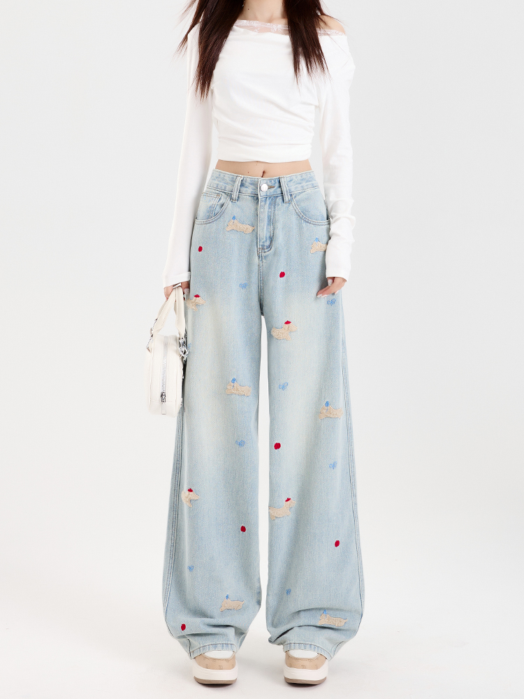 Light-Colored Embroidered Wide-Leg Denim Pants for Women - 2025 Autumn/Winter Plush Loose Straight Floor-Length Style Light-Colored Embroidered Wide-Leg Denim Pants for Women - 2025 Autumn/Winter Plush Loose Straight Floor-Length Style