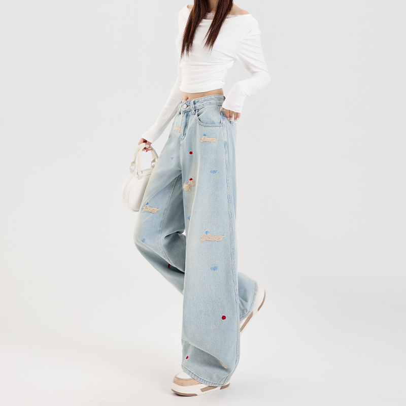 Light-Colored Embroidered Wide-Leg Denim Pants for Women - 2025 Autumn/Winter Plush Loose Straight Floor-Length Style