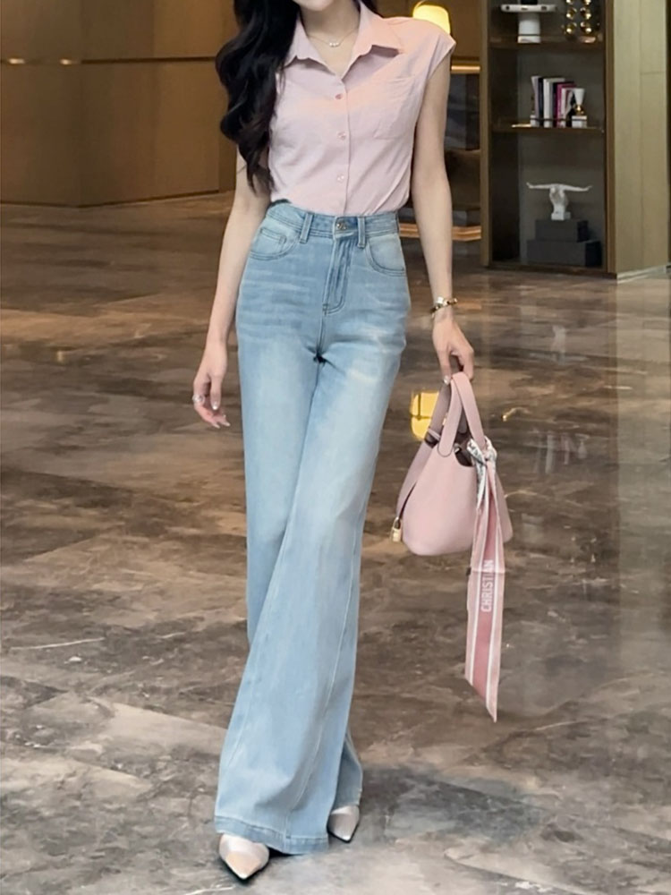 Light-Colored Flared Jeans for Women, Wide-Leg Bell-Bottom Pants, Plus Size, Summer Style, Perfect for Pear-Shaped Figures