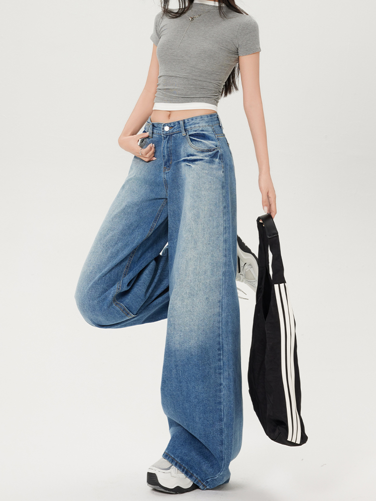 Light-Colored Low-Waist Wide-Leg Jeans for Women, Cracked Design Loose Straight-Leg Pants, 2025 Spring/Summer Fashion Light-Colored Low-Waist Wide-Leg Jeans for Women, Cracked Design Loose Straight-Leg Pants, 2025 Spring/Summer Fashion