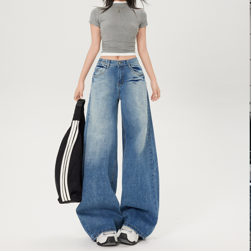 Light-Colored Low-Waist Wide-Leg Jeans for Women, Cracked Design Loose Straight-Leg Pants, 2025 Spring/Summer Fashion